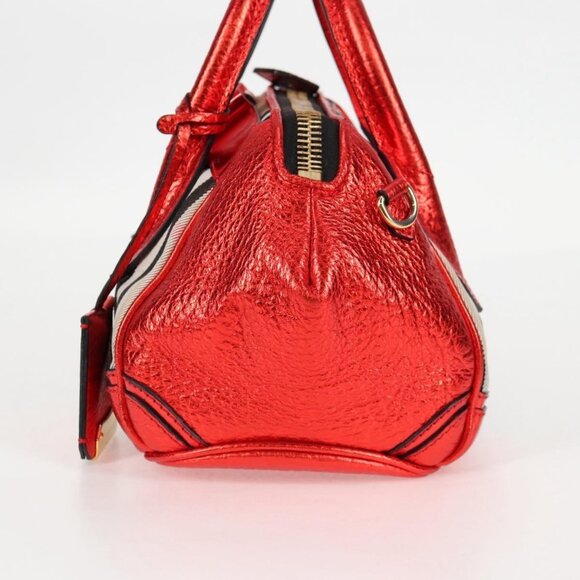 BURBERRY Nova Check Hand Bag Canvas Leather 2way Red Gold Auth - Picture 4 of 16